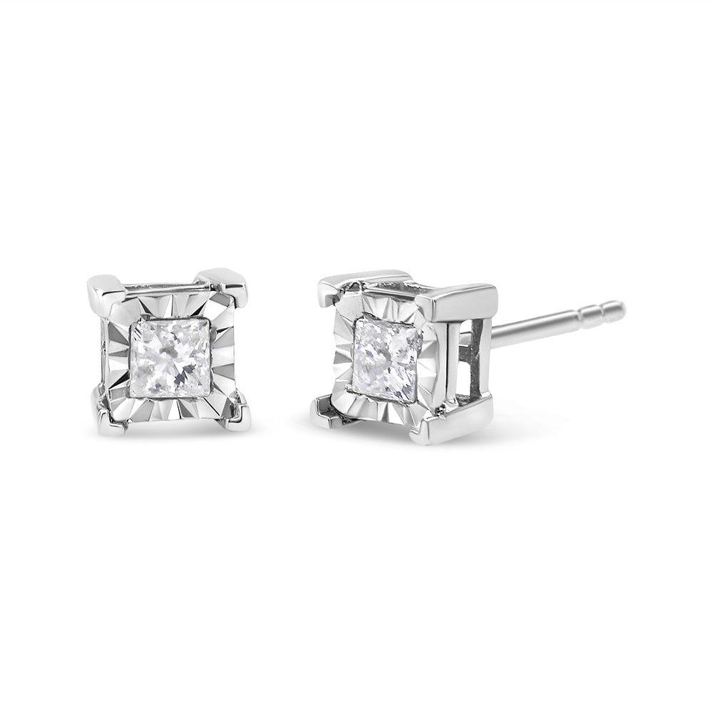 .925 Sterling Silver Miracle Set Princess-cut Diamond Solitaire Stud Earrings (H-I Color, I2-I3 Clarity)-0