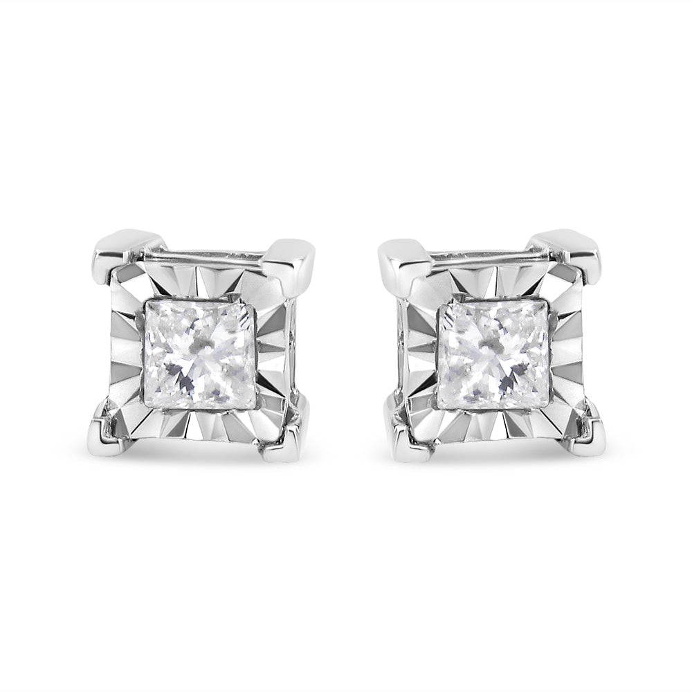 .925 Sterling Silver Miracle Set Princess-cut Diamond Solitaire Stud Earrings-1