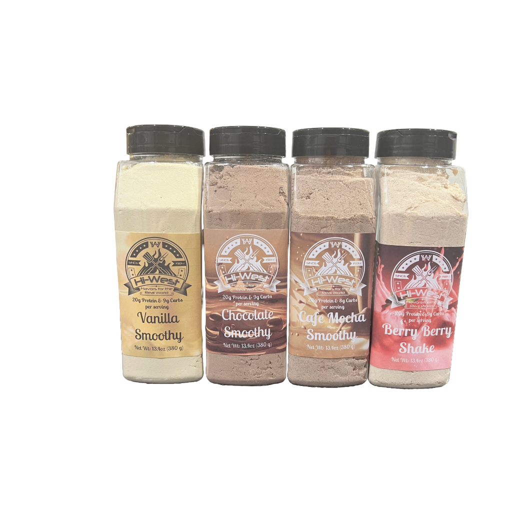 Hi-West protein smoothy bundle assortment with chocolate, vanilla, and berry dry drink mix powders