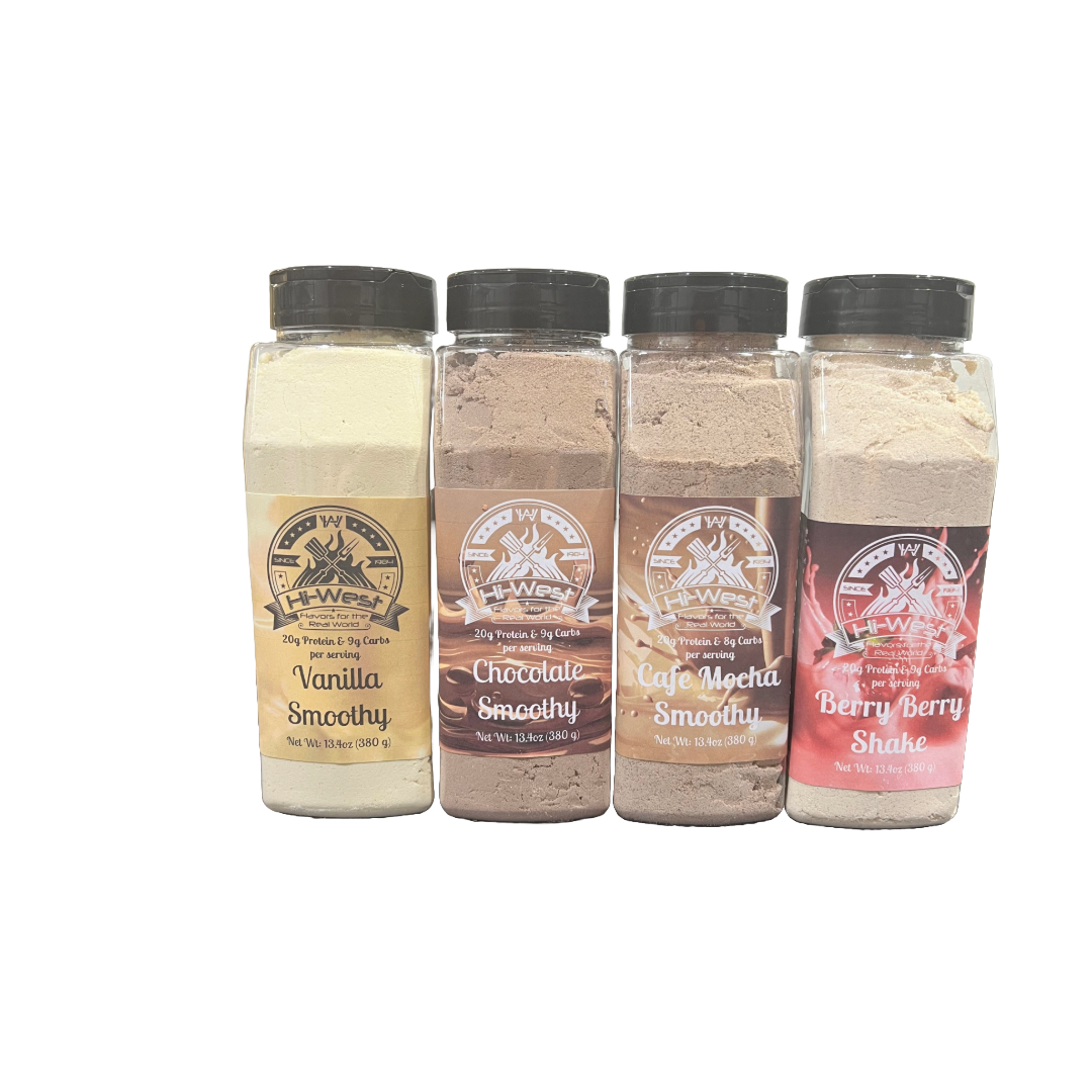 Hi-West protein smoothy bundle assortment with chocolate, vanilla, and berry dry drink mix powders