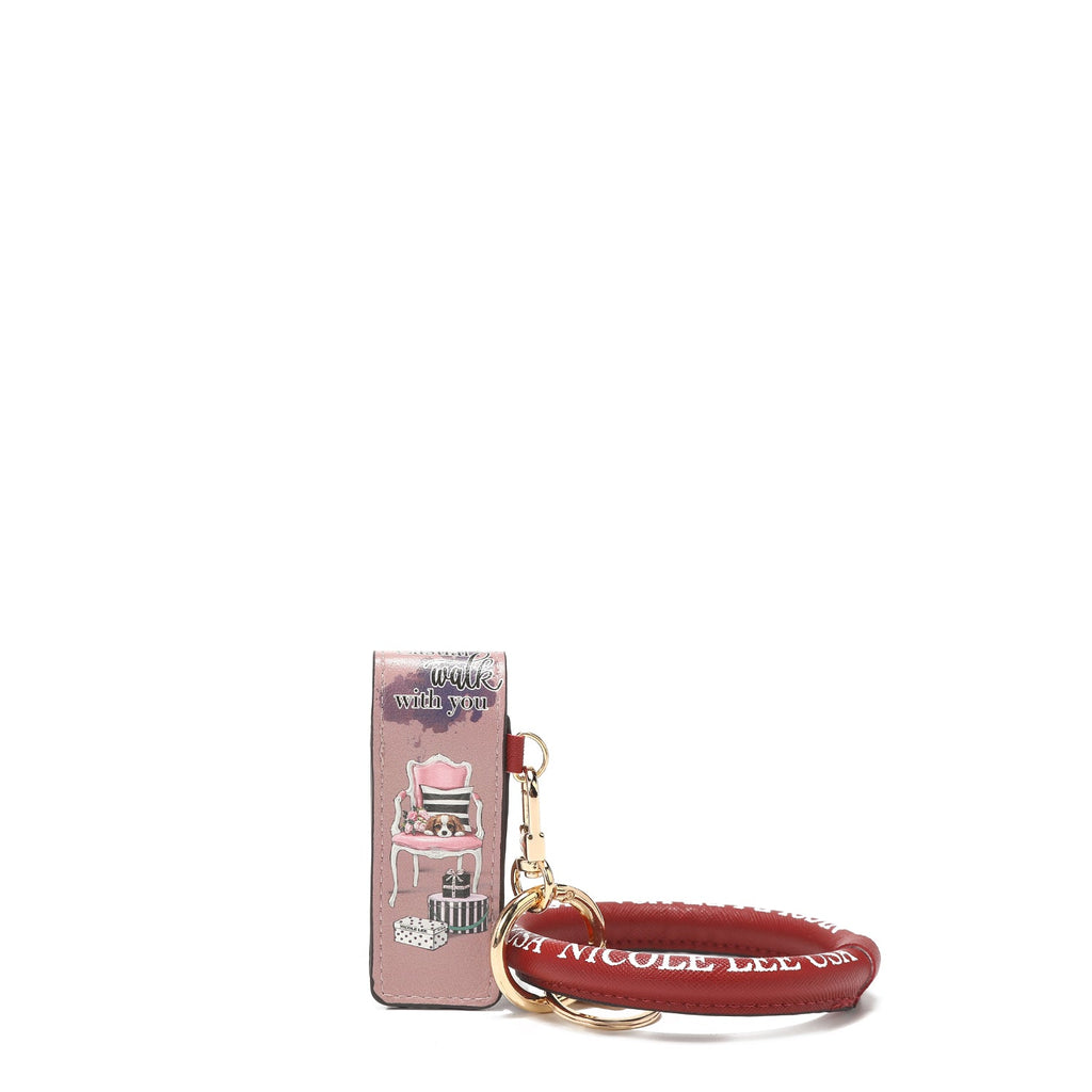 Vegan leather bracelet keychain and lipstick holder with gold-tone hardware and sequin heart charm — view 4