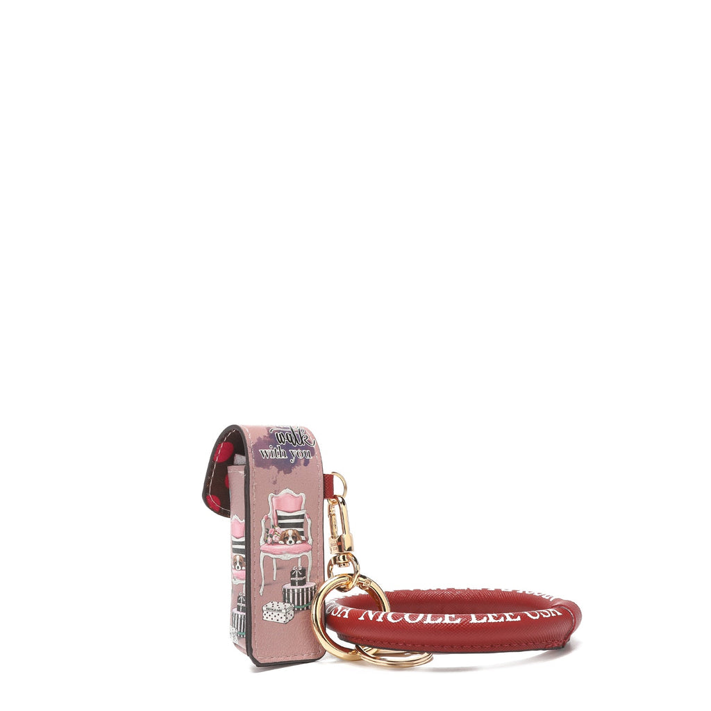 Vegan leather bracelet keychain and lipstick holder with gold-tone hardware and sequin heart charm — view 3