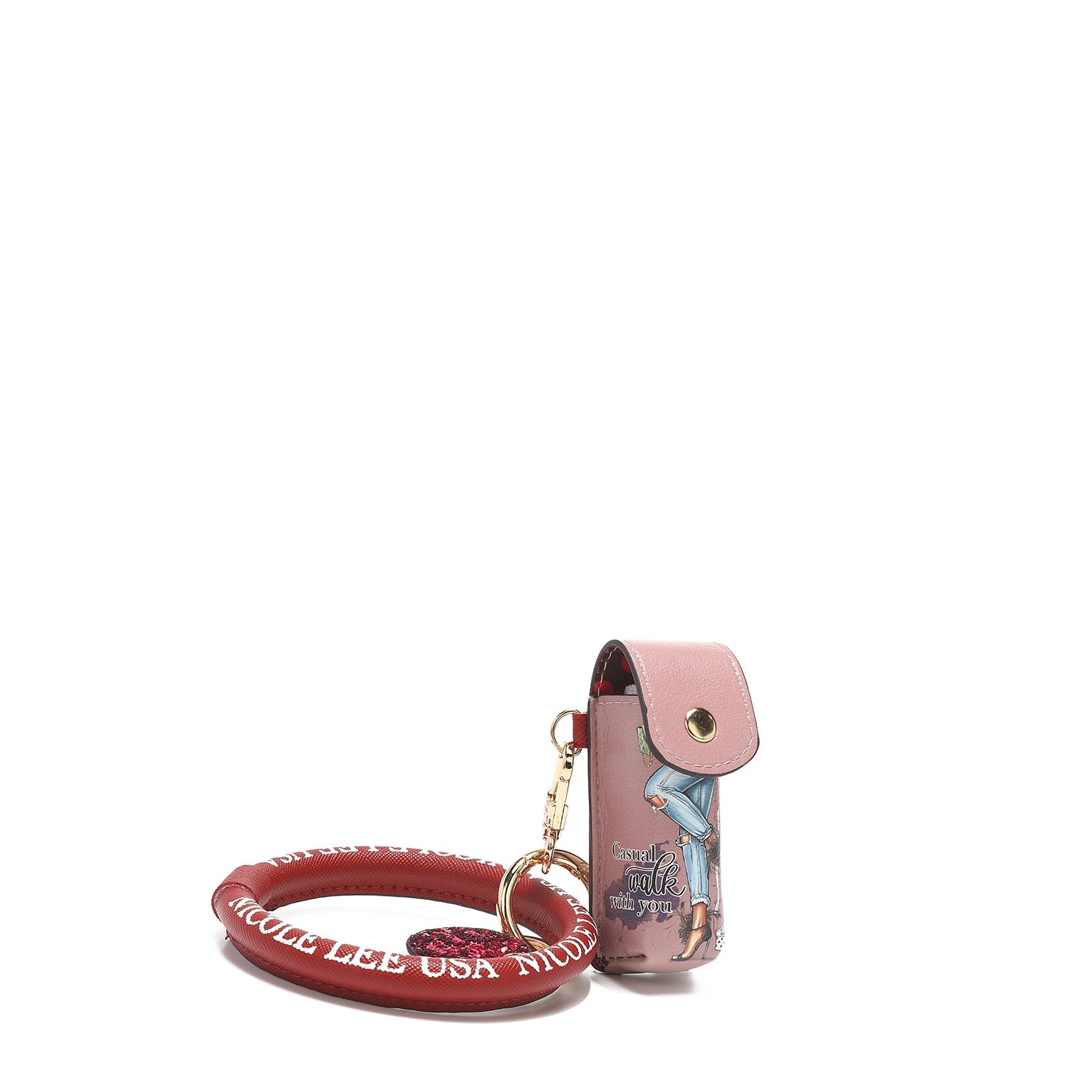 Vegan leather bracelet keychain and lipstick holder with gold-tone hardware and sequin heart charm — view 2