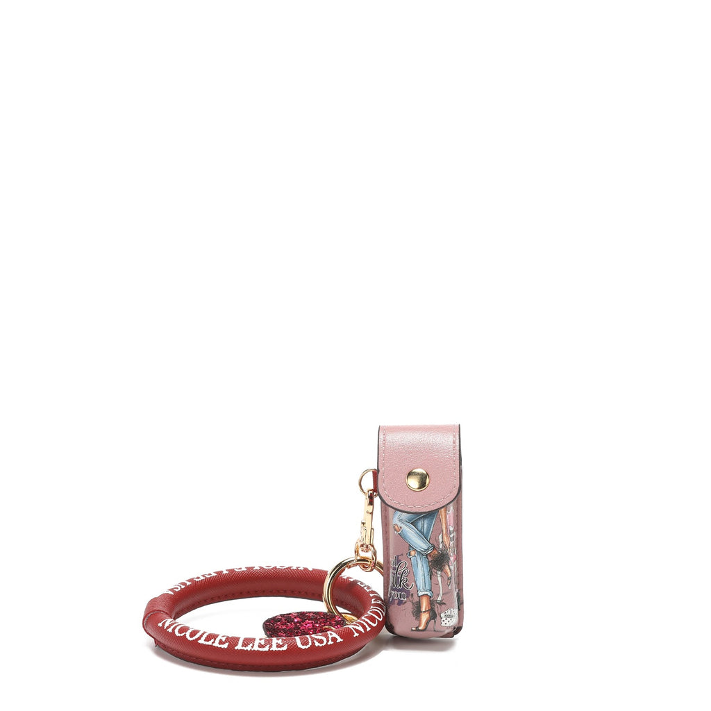 Vegan leather bracelet keychain and lipstick holder with gold-tone hardware and sequin heart charm