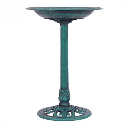 Green resin pedestal bird bath with copper verdigris effect on outdoor garden lawn — view 4