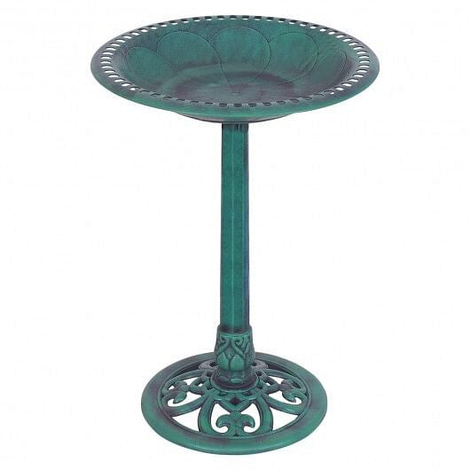 Green resin pedestal bird bath with copper verdigris effect on outdoor garden lawn — view 5
