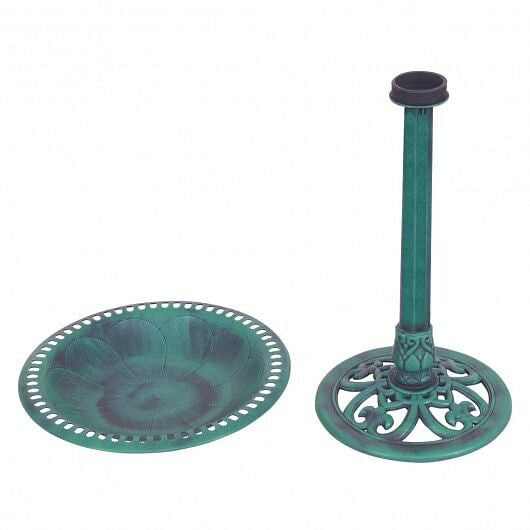 Green resin pedestal bird bath with copper verdigris effect on outdoor garden lawn — view 3