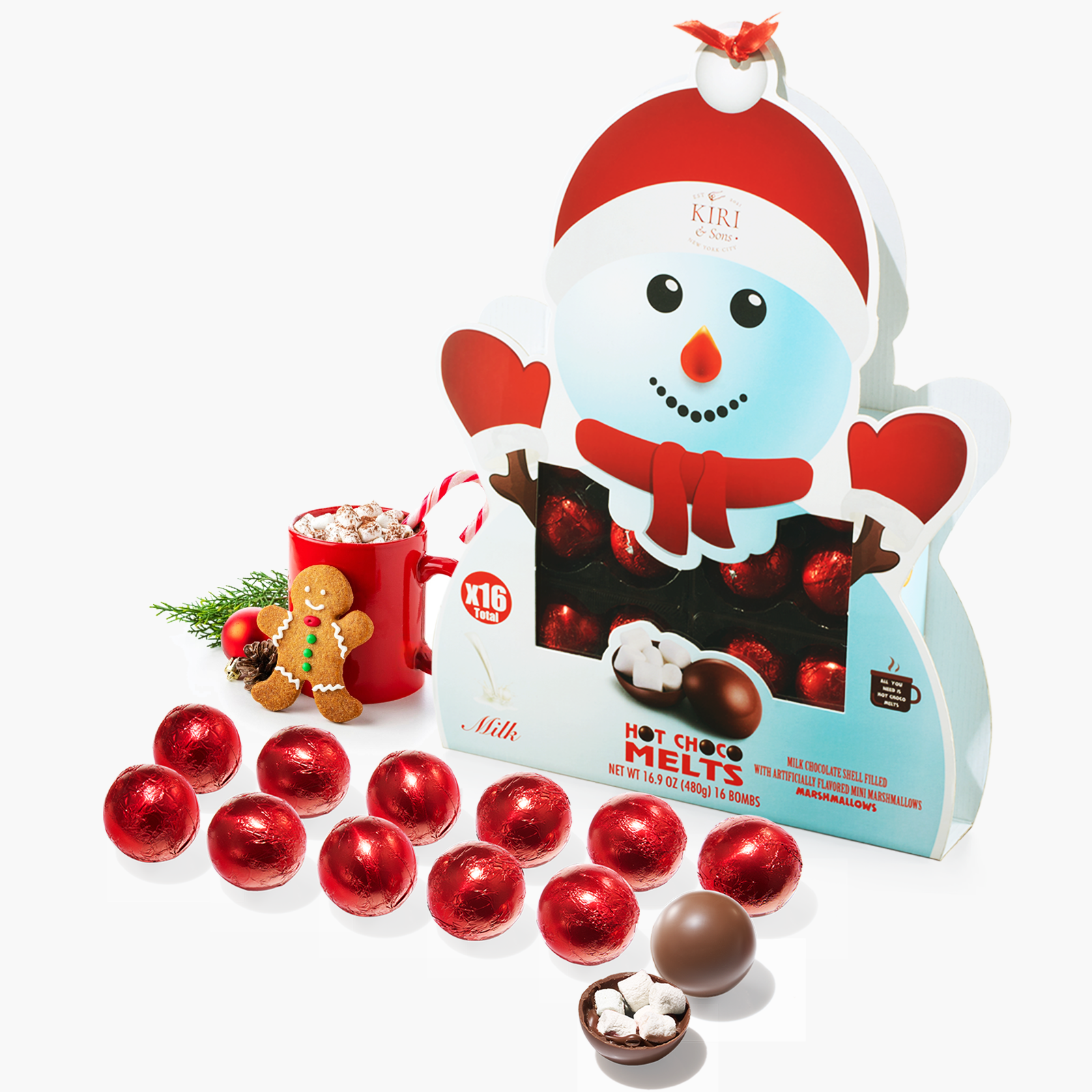 Set of sixteen snowman hot chocolate bombs with milk chocolate, caramel, and fluffy mini marshmallows.