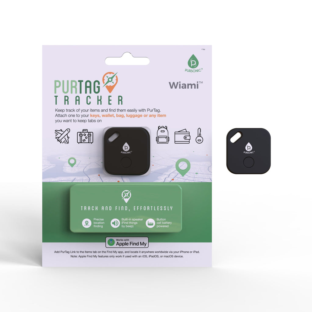 True wireless stereo earbuds in a charging case next to a compact waterproof location tracker device — view 5