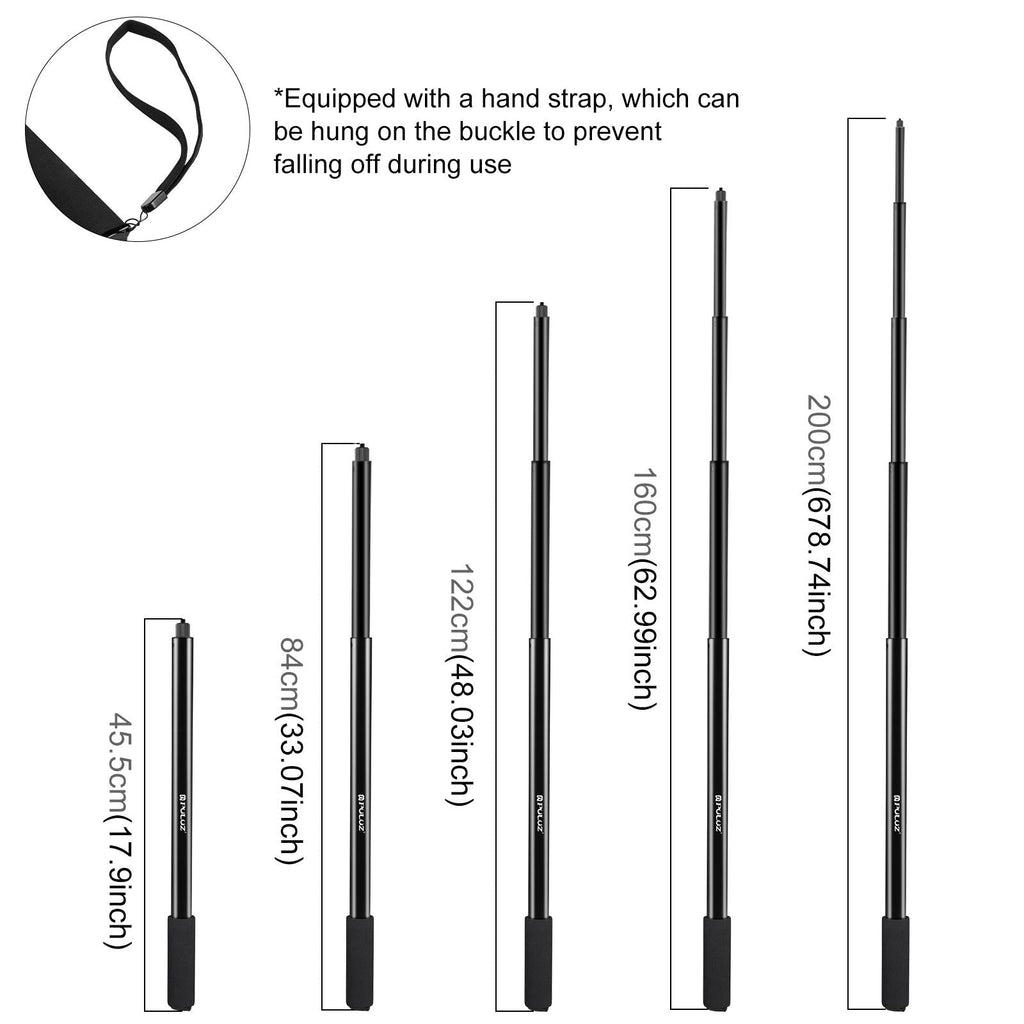 Black aluminum 2-meter extendable selfie stick for 360 action cameras with textured handle. — view 2