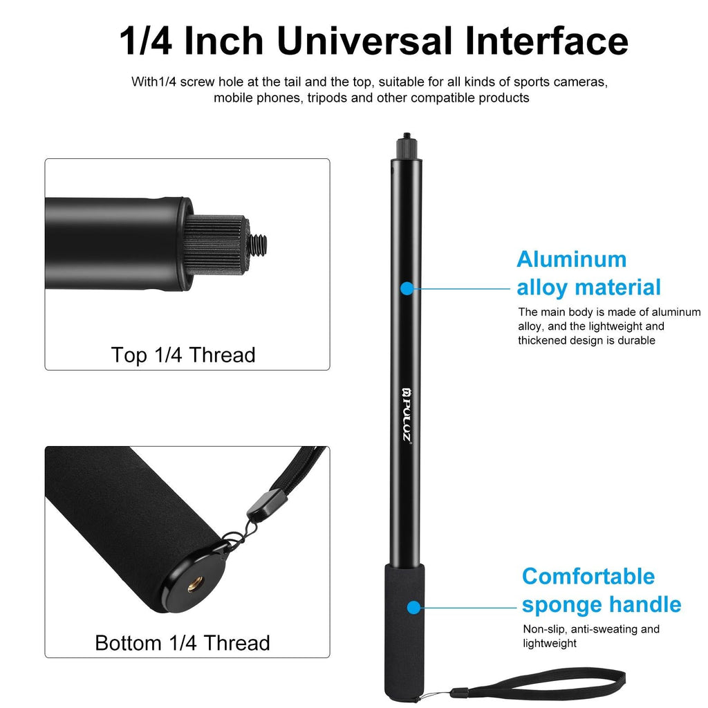 Black aluminum 2-meter extendable selfie stick for 360 action cameras with textured handle. — view 3