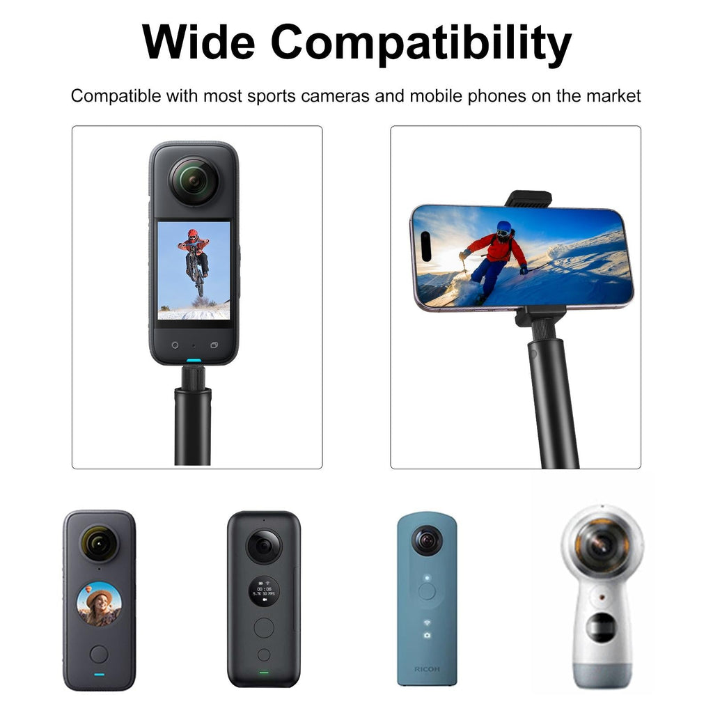 Black aluminum 2-meter extendable selfie stick for 360 action cameras with textured handle. — view 5