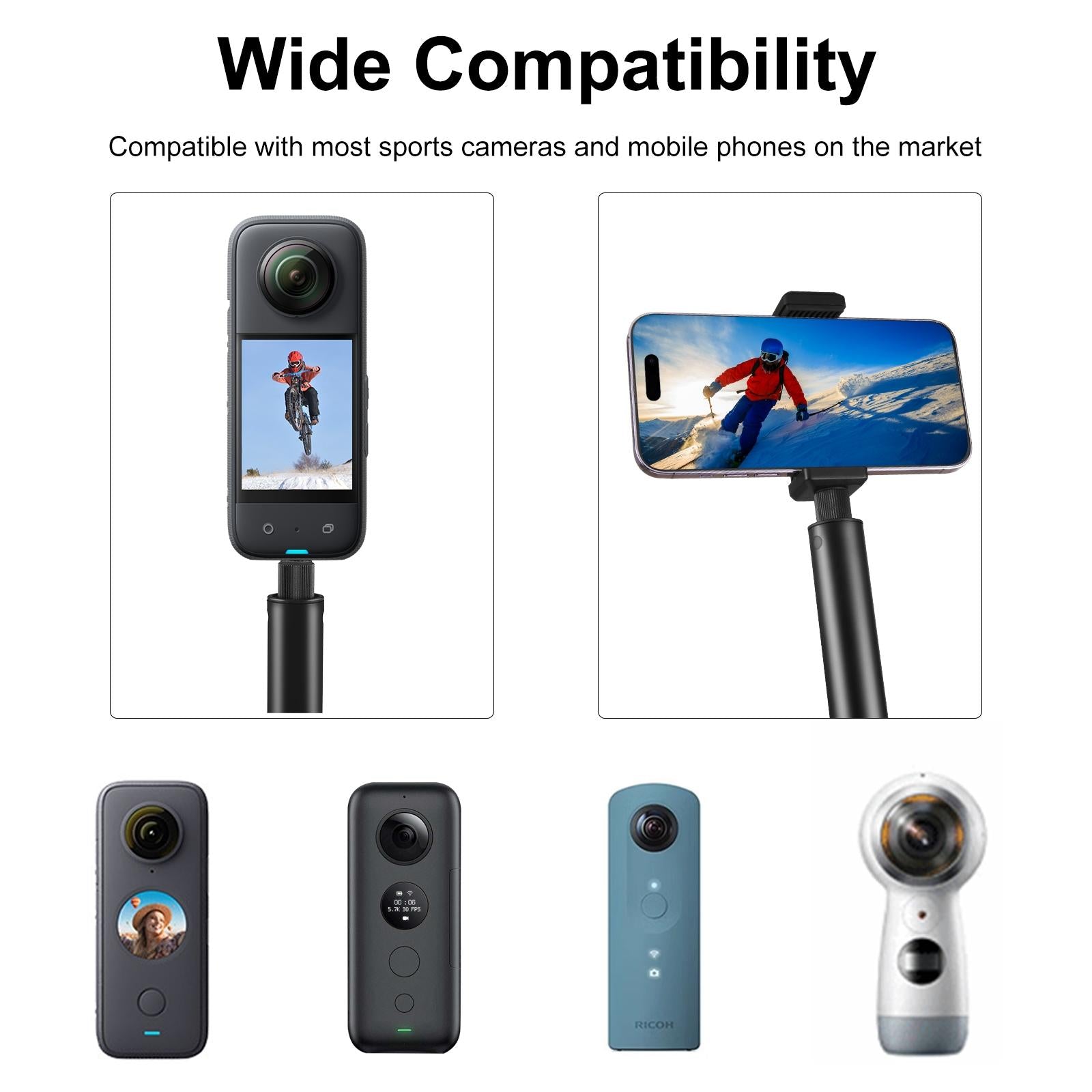 Black aluminum 2-meter extendable selfie stick for 360 action cameras with textured handle. — view 5