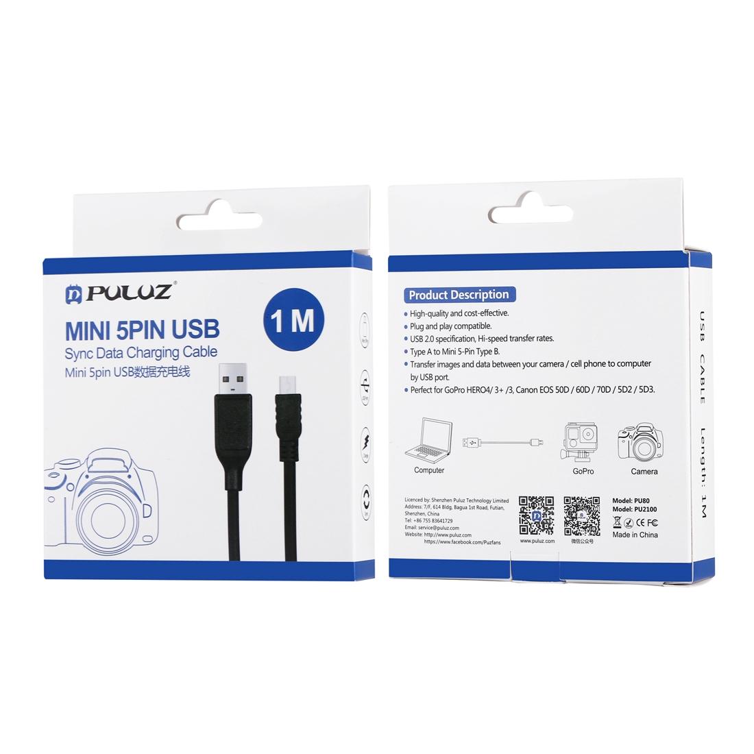 Black 1.5m USB to mini 5-pin type B sync cable for data transfer and charging — view 3