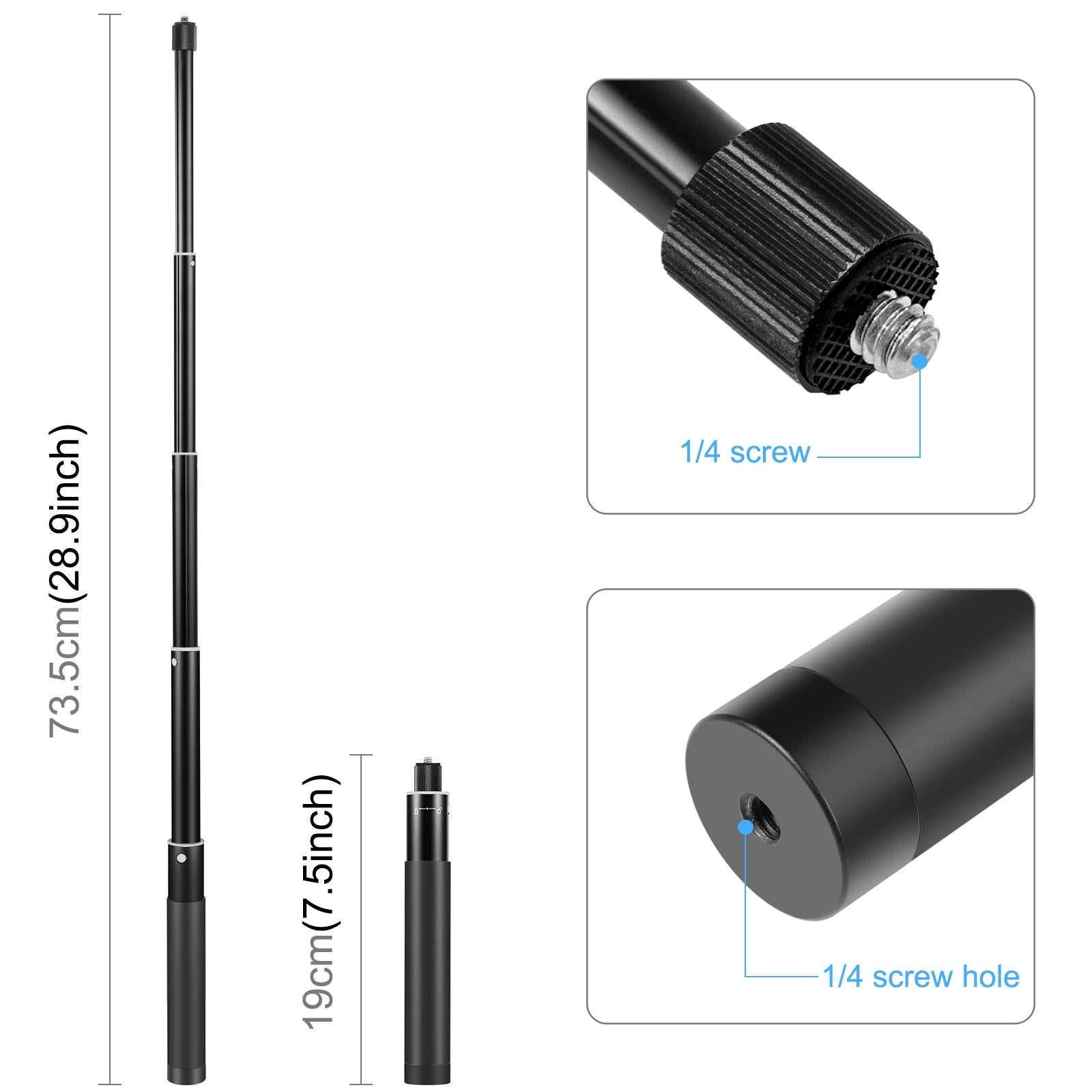 Telescopic 70cm selfie stick in black aluminum with invisible adapter and non-slip rubber grip — view 2