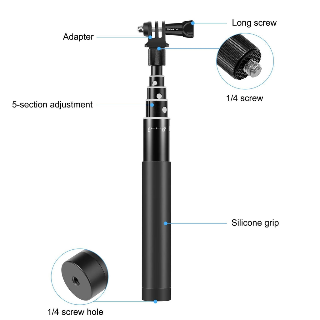 Telescopic 70cm selfie stick in black aluminum with invisible adapter and non-slip rubber grip — view 3