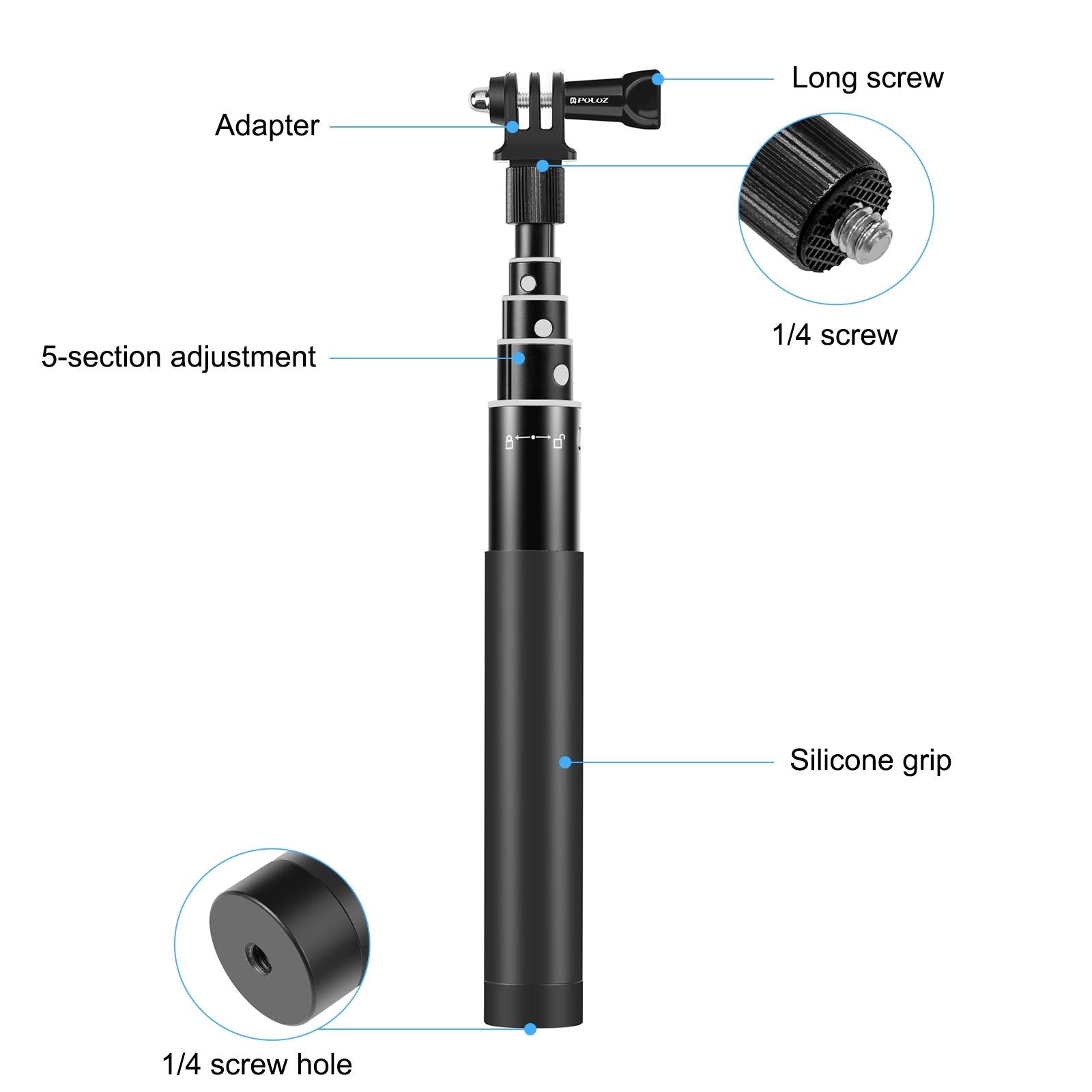 Telescopic 70cm selfie stick in black aluminum with invisible adapter and non-slip rubber grip — view 3