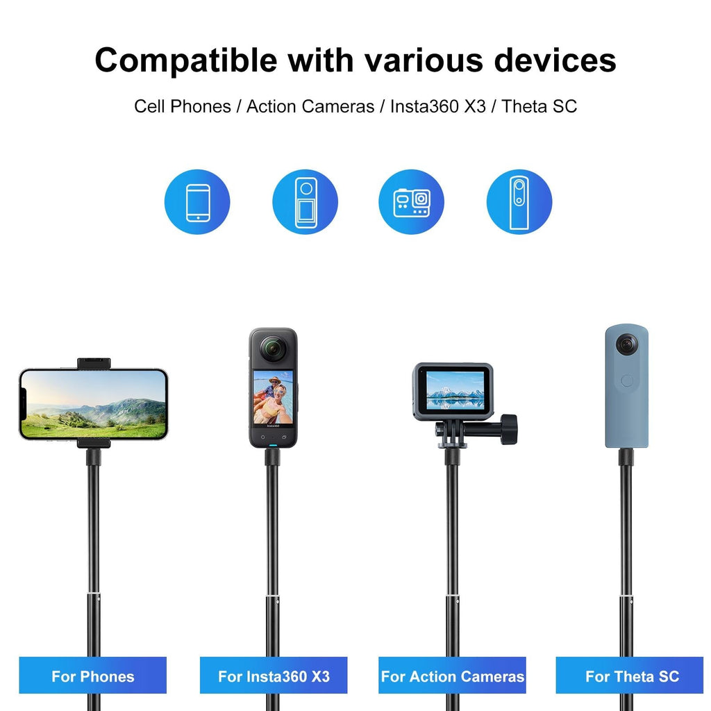 Telescopic 70cm selfie stick in black aluminum with invisible adapter and non-slip rubber grip — view 4