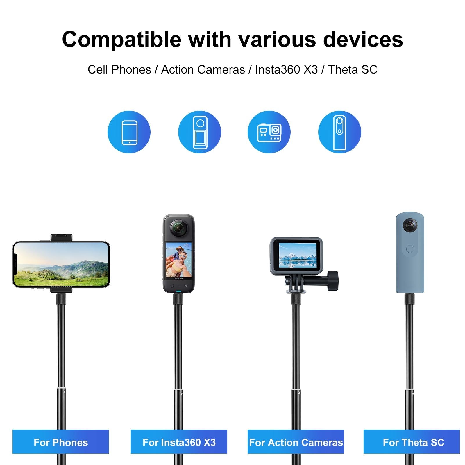 Telescopic 70cm selfie stick in black aluminum with invisible adapter and non-slip rubber grip — view 4