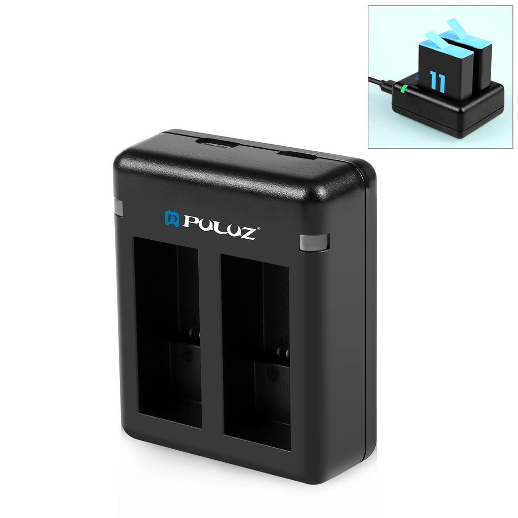 Black dual USB charger for GoPro camera batteries with indicator lights and charging cable — view 4