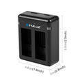 Black dual USB charger for GoPro camera batteries with indicator lights and charging cable