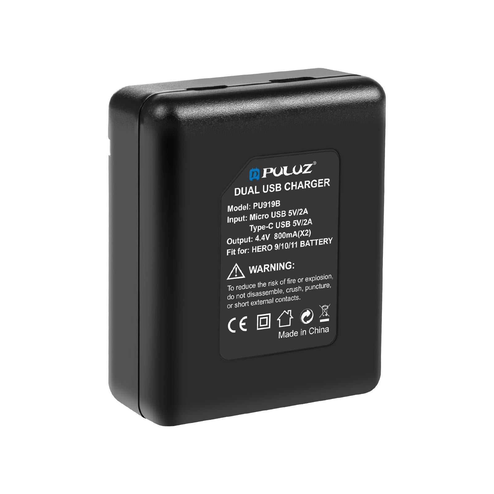 Black dual USB charger for GoPro camera batteries with indicator lights and charging cable — view 2
