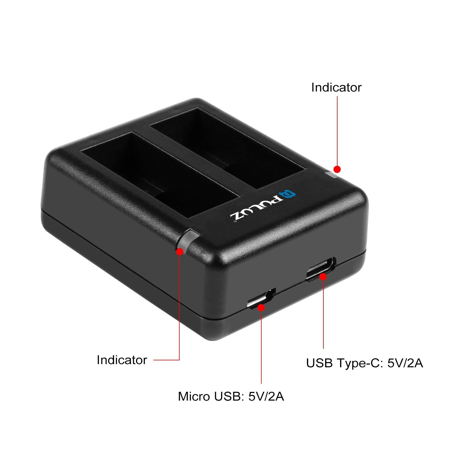 Black dual USB charger for GoPro camera batteries with indicator lights and charging cable — view 3