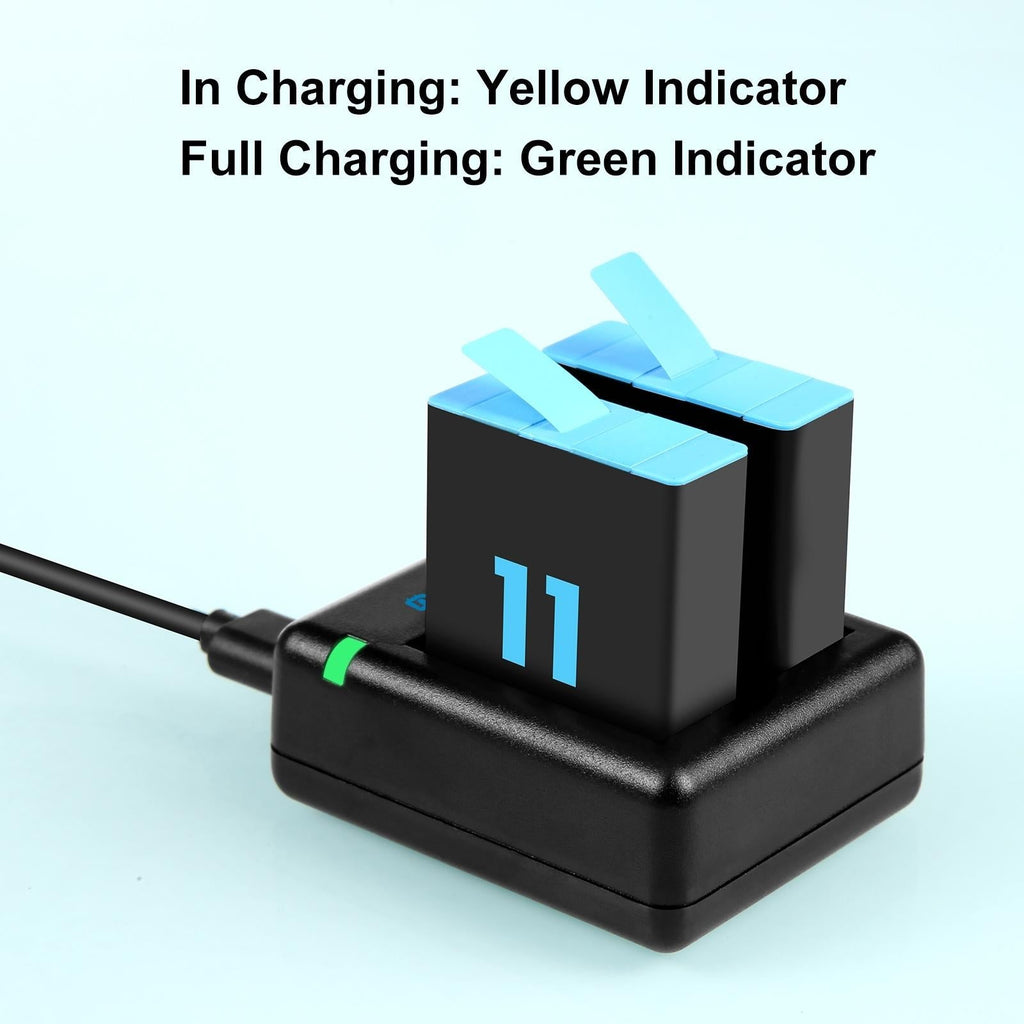 Black dual USB charger for GoPro camera batteries with indicator lights and charging cable — view 5