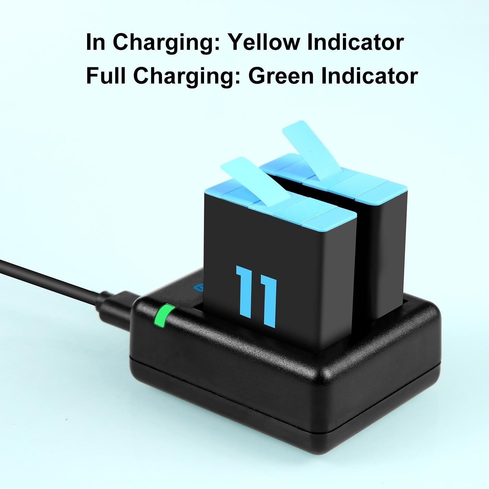 Black dual USB charger for GoPro camera batteries with indicator lights and charging cable — view 5