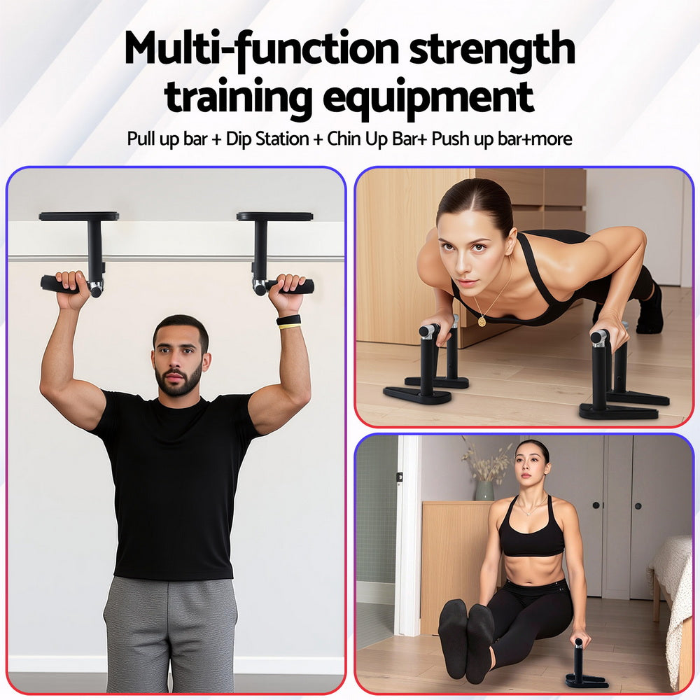 Black foldable dip station multi gym, carbon steel portable pull up bar set for home fitness — view 4