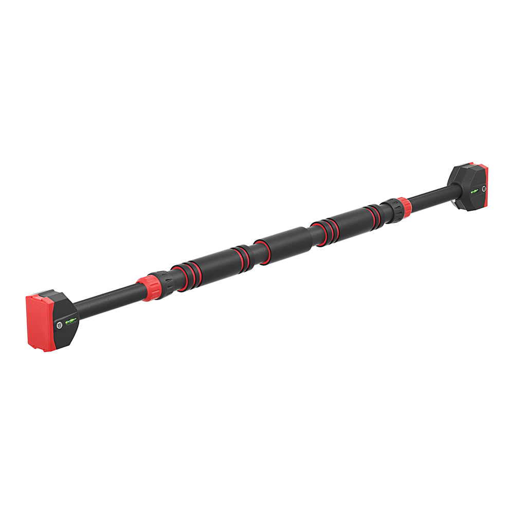 Adjustable steel doorway pull up bar with safety locks and balance meter for home workouts.