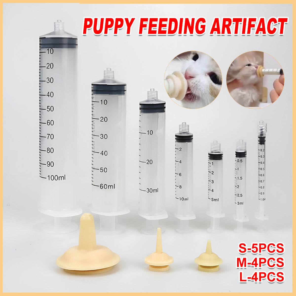 Transparent pet feeding syringe kit with beige silicone nursing nipples in various sizes