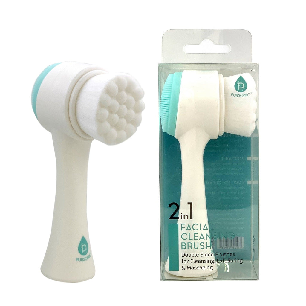 Dual sided facial cleansing brush in premium silicone with soft bristles and textured exfoliating pad