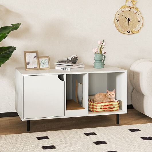 White 40-inch hidden cat litter box enclosure furniture with metal legs and side entry hole