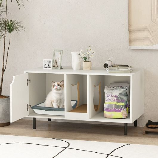 White 40-inch hidden cat litter box enclosure furniture with metal legs and side entry hole — view 2