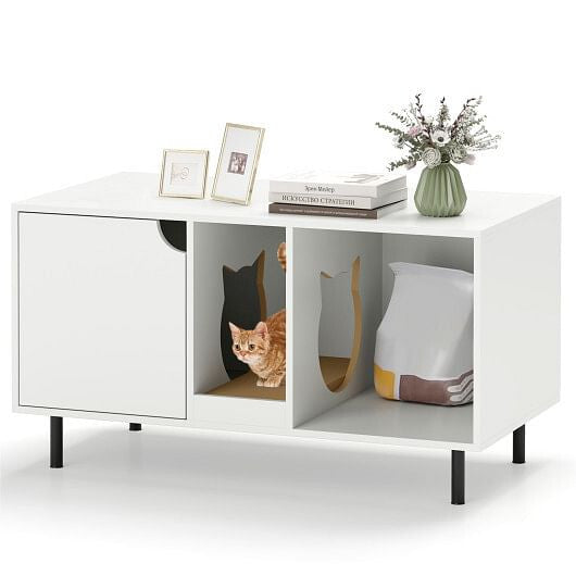 White 40-inch hidden cat litter box enclosure furniture with metal legs and side entry hole — view 3