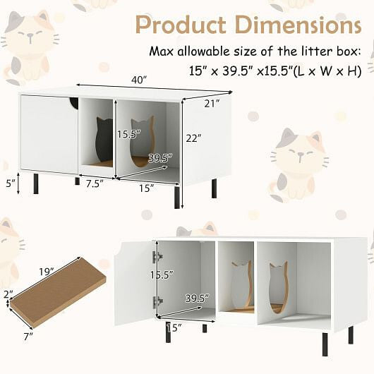 White 40-inch hidden cat litter box enclosure furniture with metal legs and side entry hole — view 4