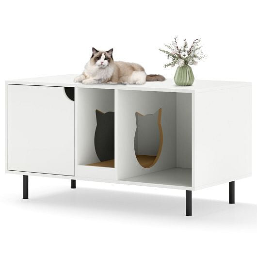 White 40-inch hidden cat litter box enclosure furniture with metal legs and side entry hole — view 5