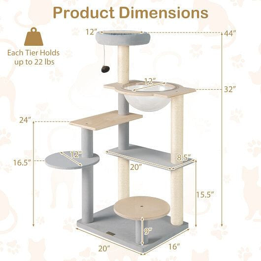 Modern 44-inch cat tree tower with transparent capsule, sisal posts, and a padded perch — view 4