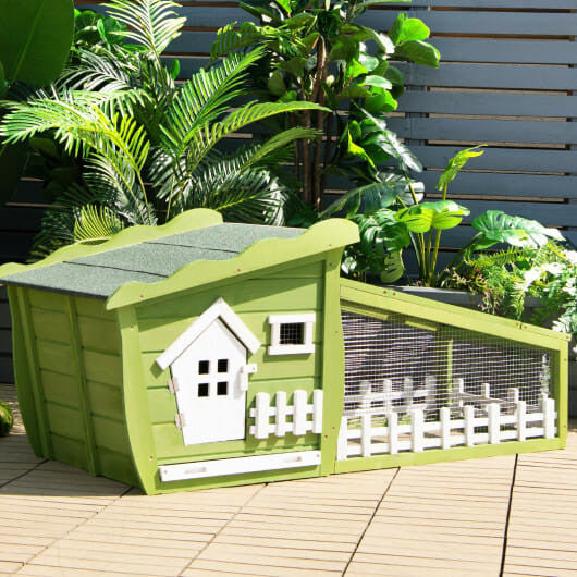 62 inch red wooden rabbit hutch with pull out tray, asphalt roof, and wire mesh enclosure