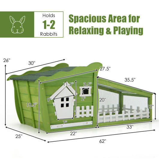 62 inch red wooden rabbit hutch with pull out tray, asphalt roof, and wire mesh enclosure — view 3