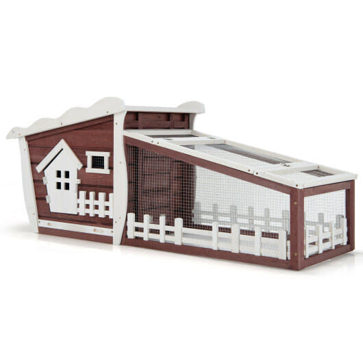 62 inch red wooden rabbit hutch with pull out tray, asphalt roof, and wire mesh enclosure — view 5