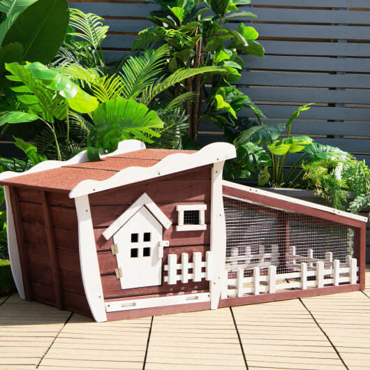 62 inch red wooden rabbit hutch with pull out tray, asphalt roof, and wire mesh enclosure — view 6