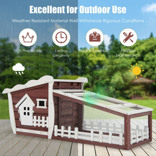 62 inch red wooden rabbit hutch with pull out tray, asphalt roof, and wire mesh enclosure — view 7