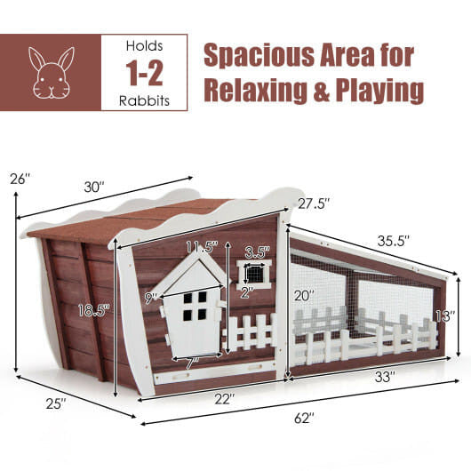 62 inch red wooden rabbit hutch with pull out tray, asphalt roof, and wire mesh enclosure — view 8