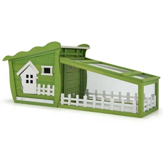 62 inch red wooden rabbit hutch with pull out tray, asphalt roof, and wire mesh enclosure — view 10
