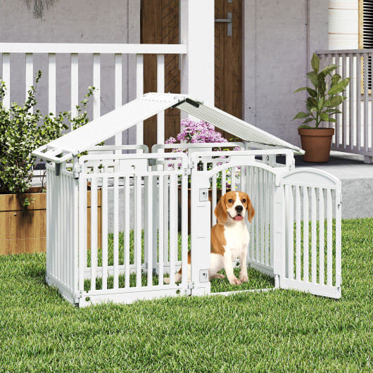 White 8-panel tall plastic indoor outdoor pet playpen with locking door for dogs and puppies