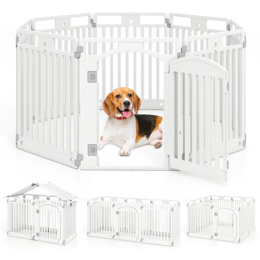 White 8-panel tall plastic indoor outdoor pet playpen with locking door for dogs and puppies — view 4