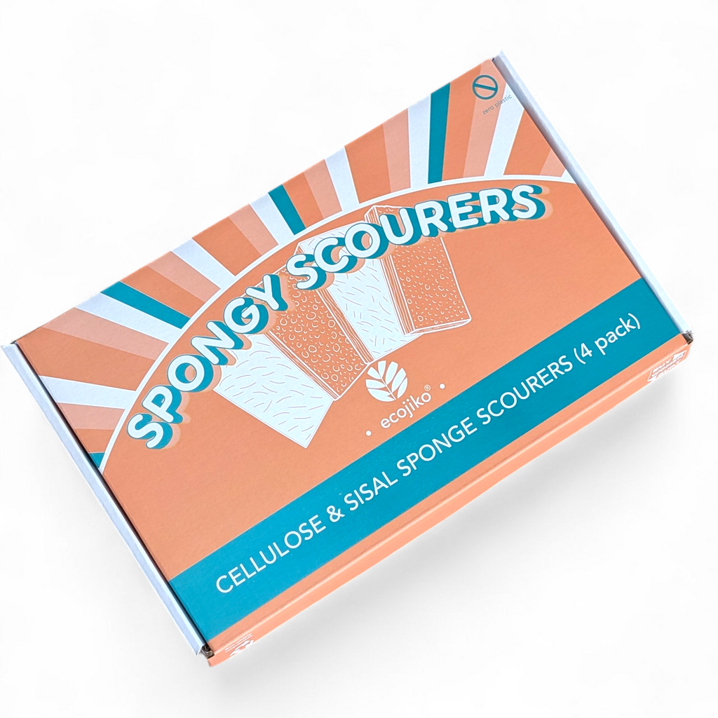 Four pack of natural sisal and cellulose eco sponge scourers in a recyclable cardboard box — view 3