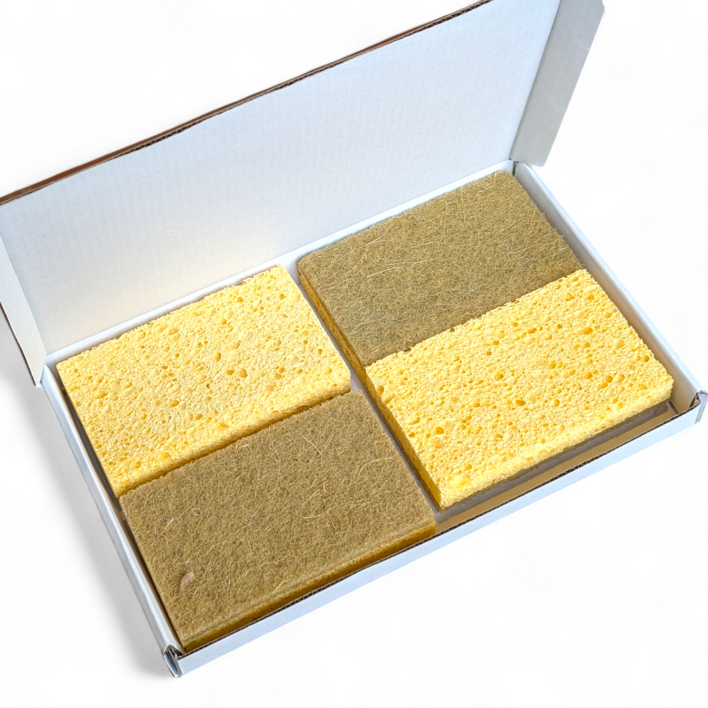 Four pack of natural sisal and cellulose eco sponge scourers in a recyclable cardboard box — view 5
